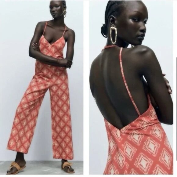 Zara The Jami Orange Ikat Halter Sleeveless Jumpsuit Size XS NWT - Picture 1 of 12